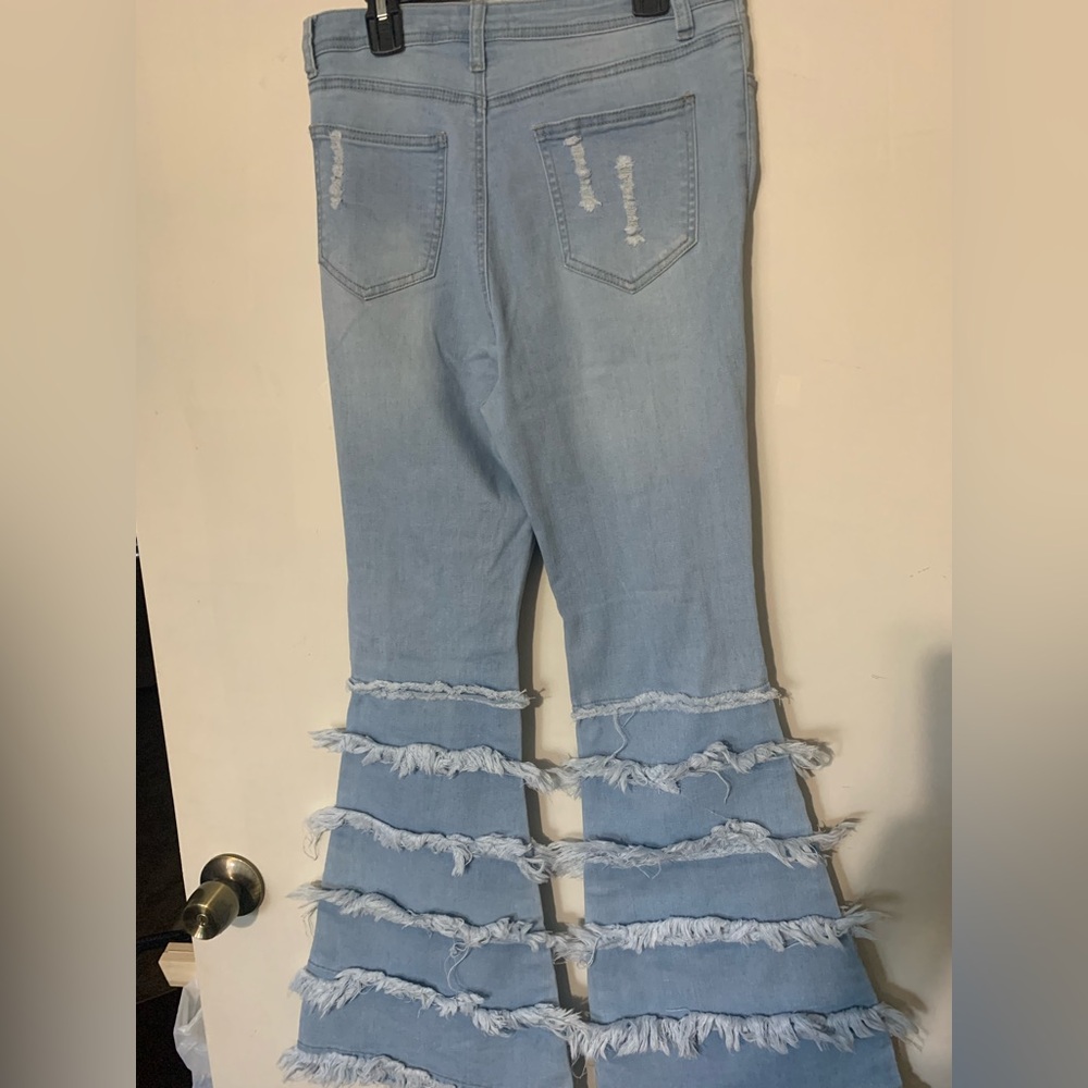 SWANK Light Blue Distressed Fringe Hem Wide-Leg Jeans - Picture 2 of 4